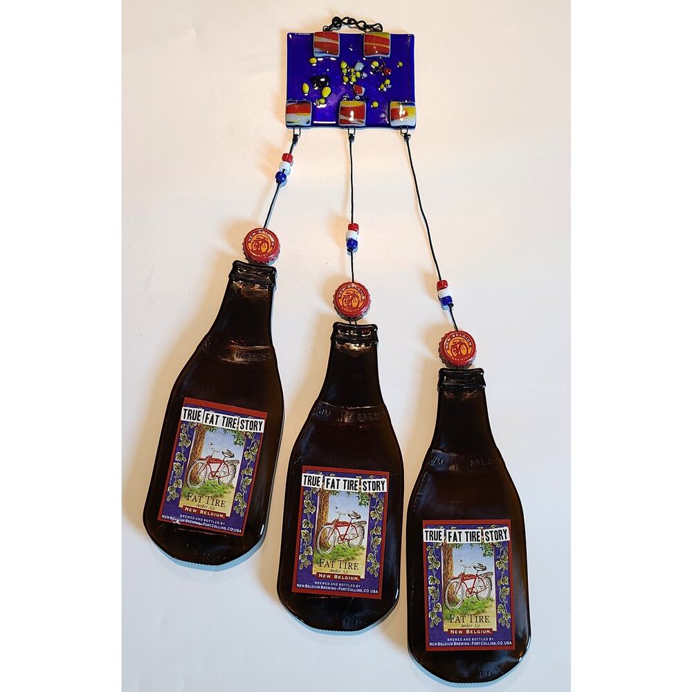 Fat Tire Beer Bottle Fused Glass Art Chime Wall Decor Hanging Handmade 20x10